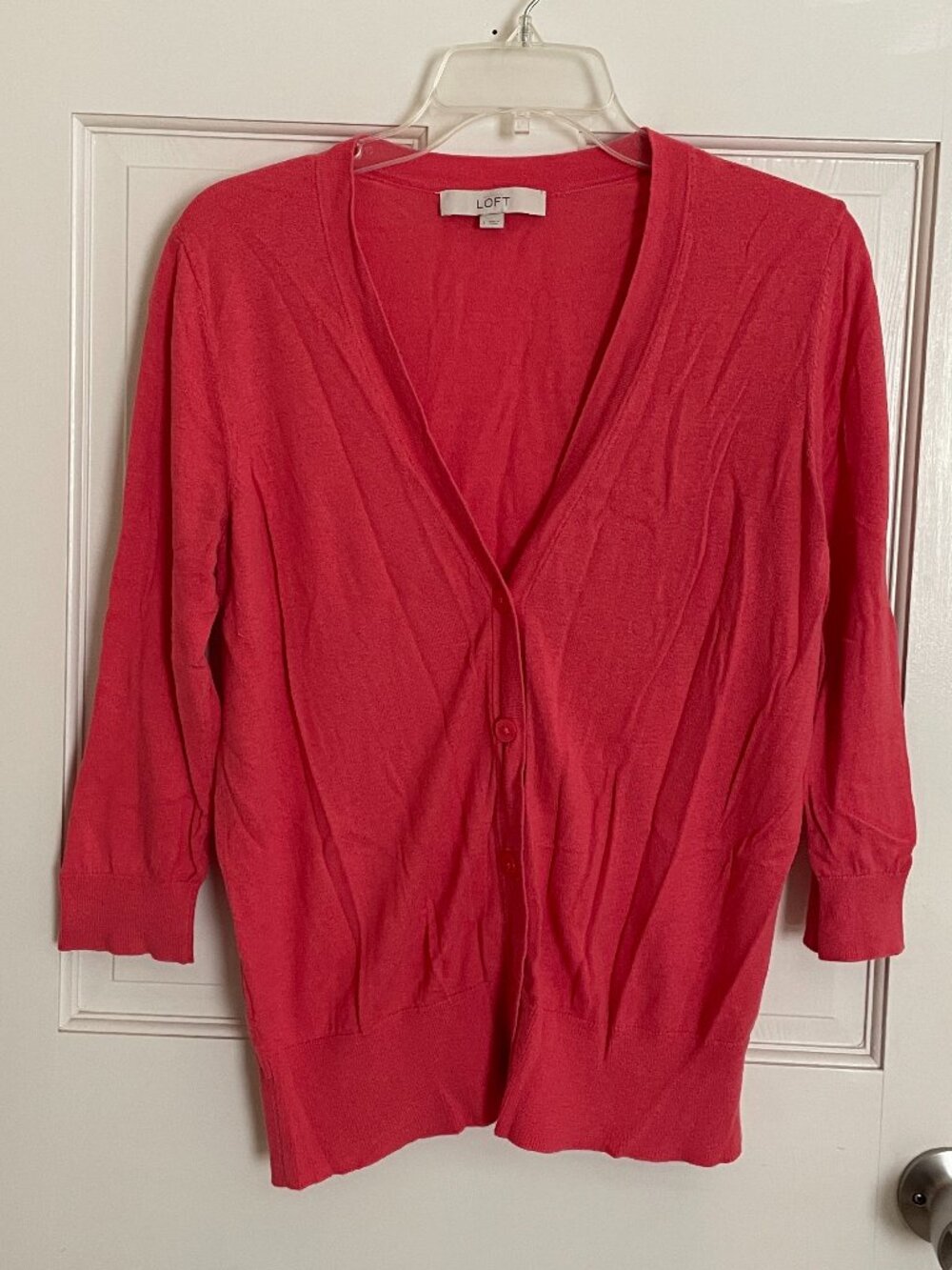 LOFT Coral Pink 3/4-Sleeve Cardigan V-Neck Button Down